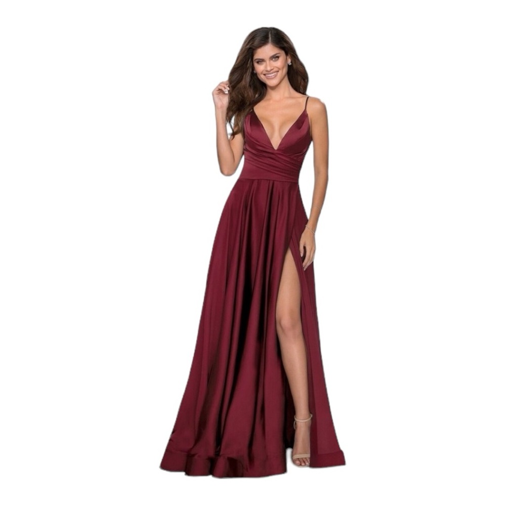La Femme Wine Strappy Back Satin Ballgown Formal Gown Dress Style 28607 Size 2